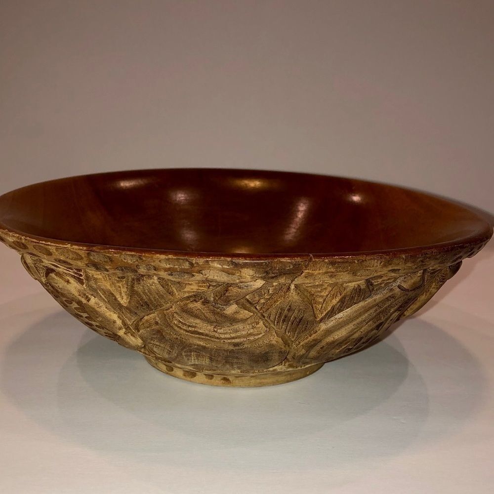 Hand carved bowl flowers fruit beautiful brown